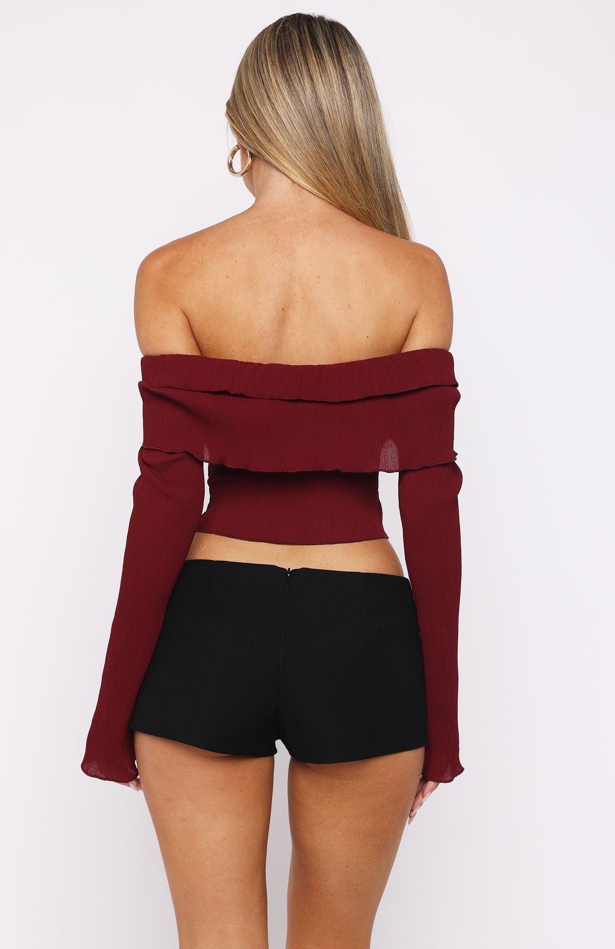 White Fox Mood Forever Long Sleeve Off Shoulder Top Burgundy