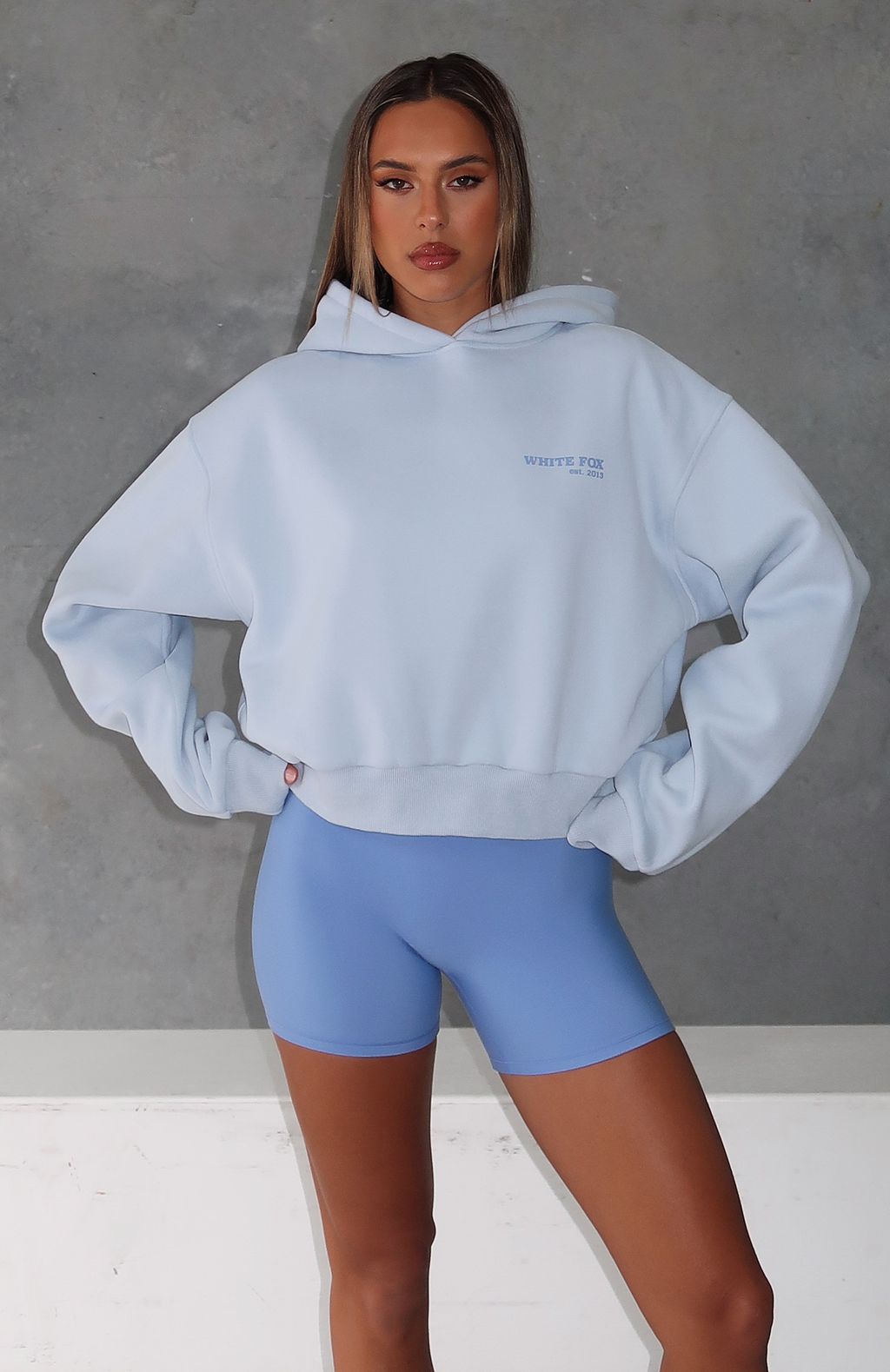 White Fox Serving Up Cropped Hoodie Baby Blue