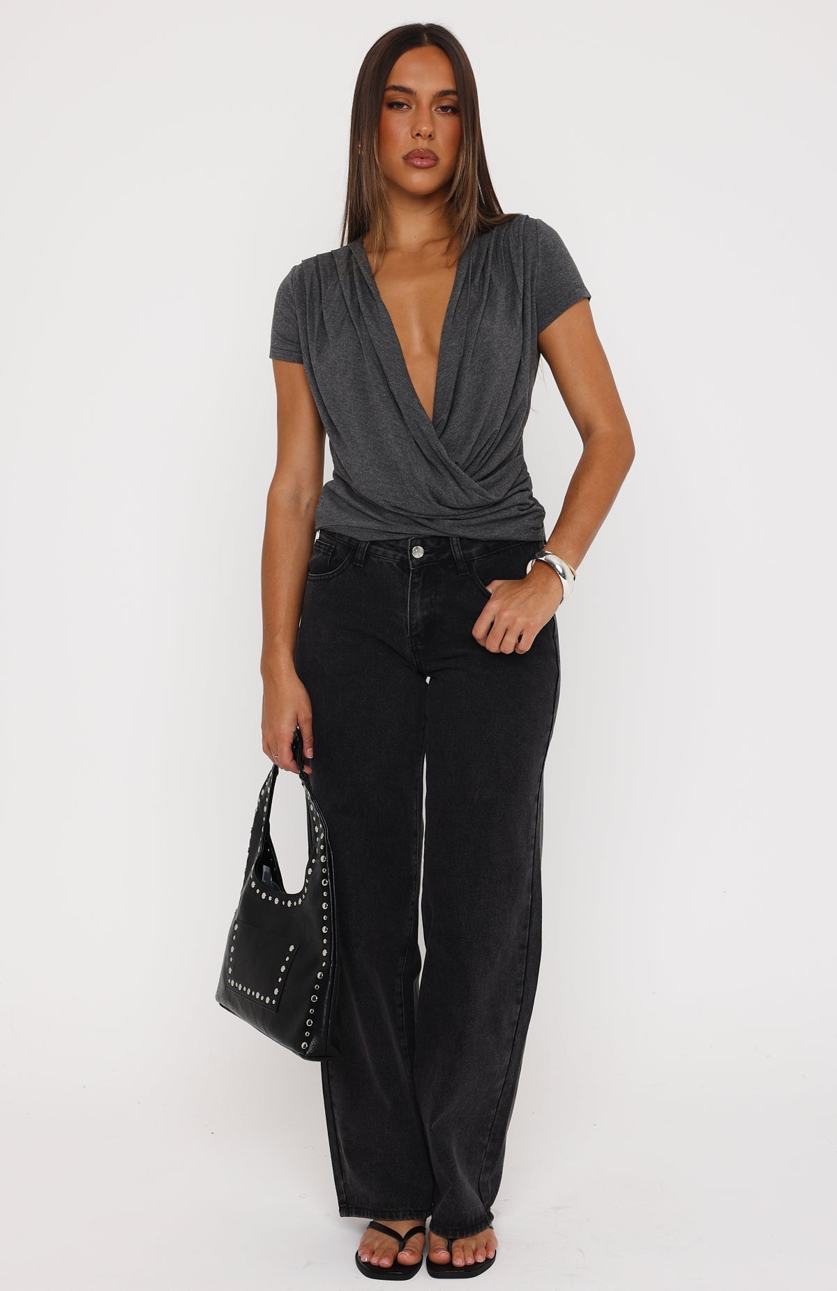 White Fox Almost Told You Short Sleeve Cowl Neck Top Charcoal Marle