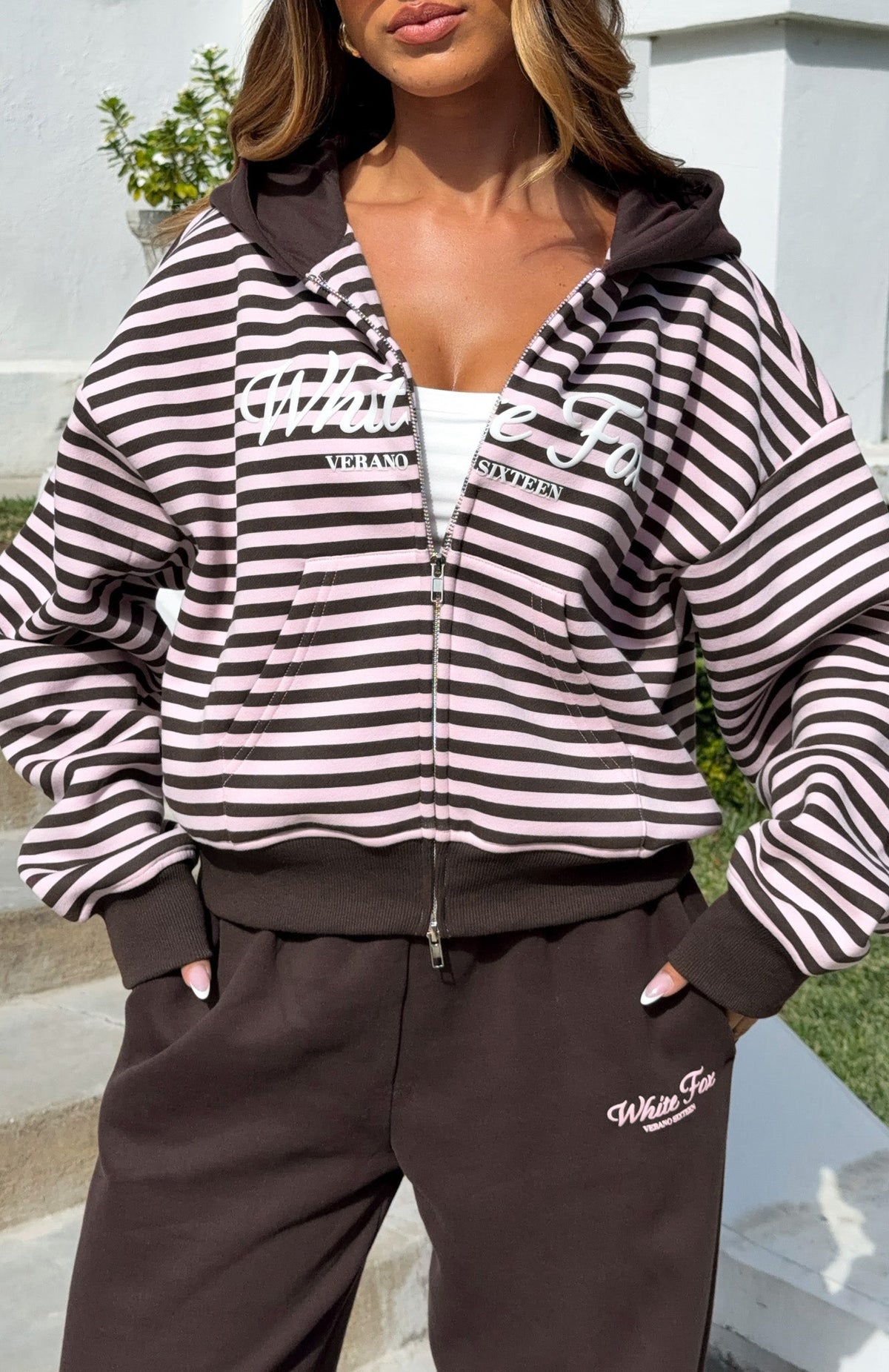 White Fox Verano Sixteen Maria Boxy Zip Front Hoodie Pink/Choc Stripe