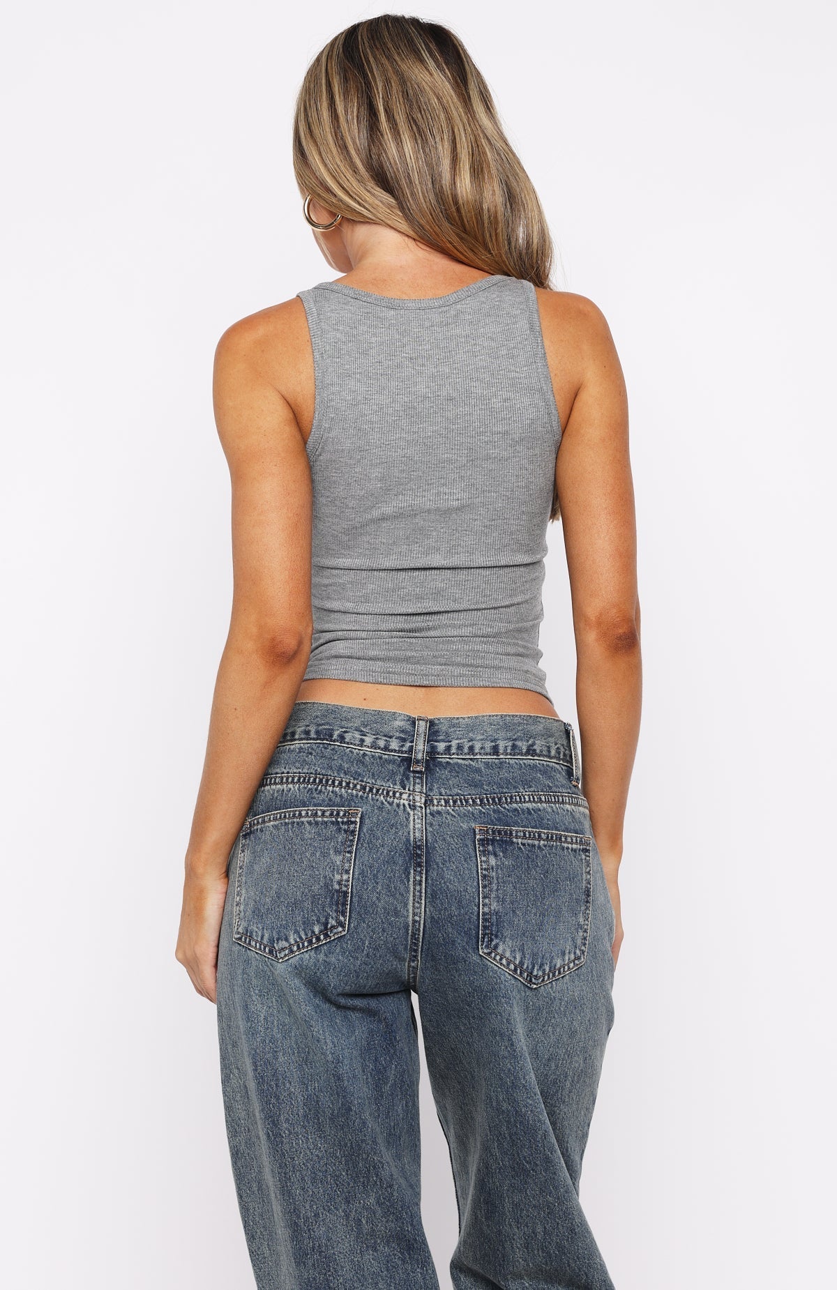 White Fox Filled With Life Ribbed Tank Grey Marle