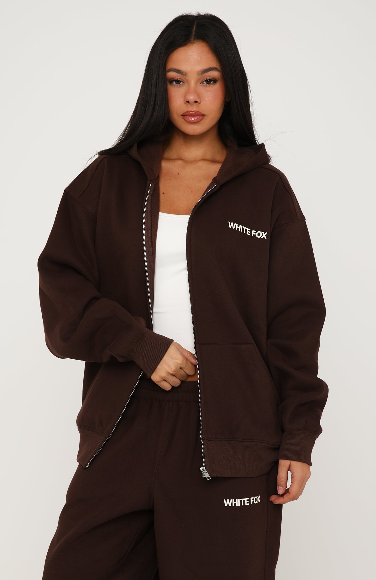 White Fox Core Classic Zip Front Hoodie Chocolate