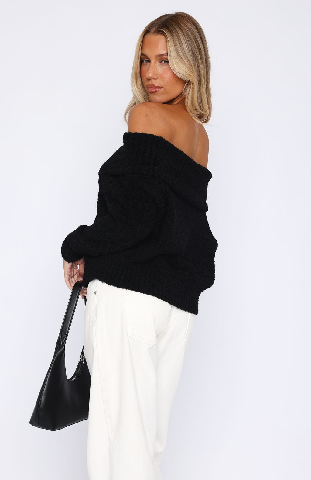White Fox You Don't Need Me Off Shoulder Knit Sweater Black