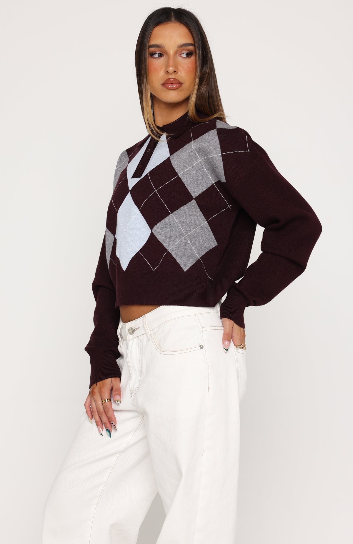 White Fox Cinzia Argyle Knit Sweater Mulled Merlot