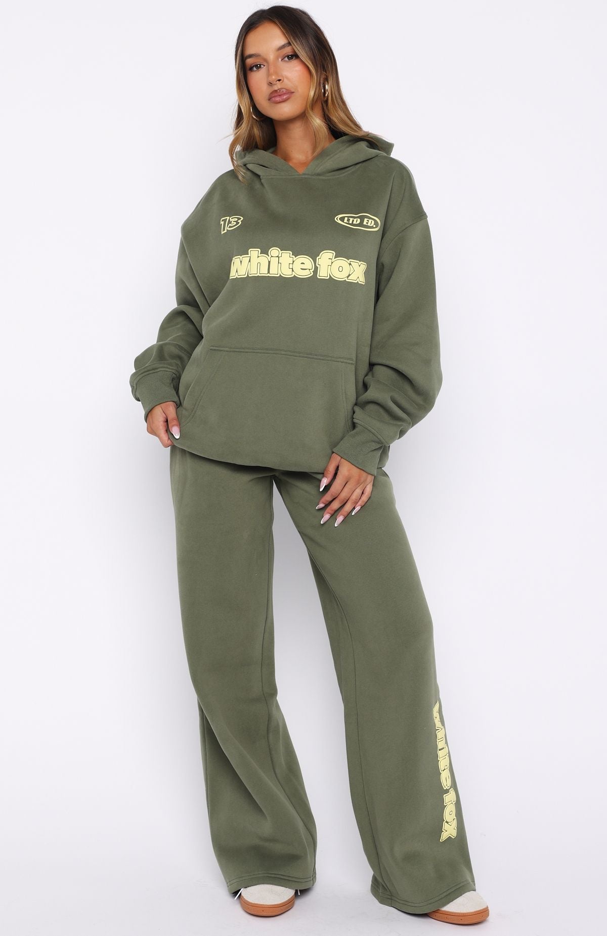 White Fox Ready To Go Wide Leg Sweatpants Khaki