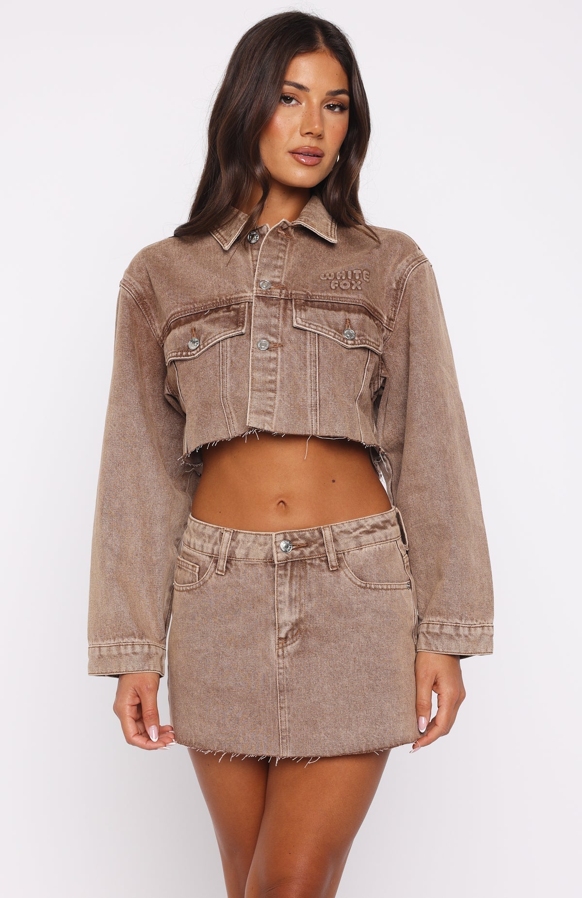 White Fox Something To Prove Cropped Denim Jacket Tan Wash