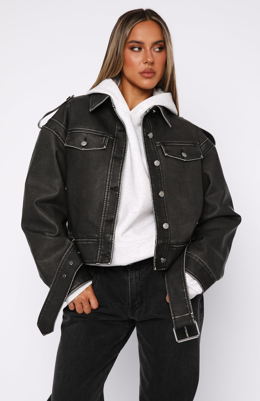 White Fox In This World PU Biker Jacket Charcoal Wash