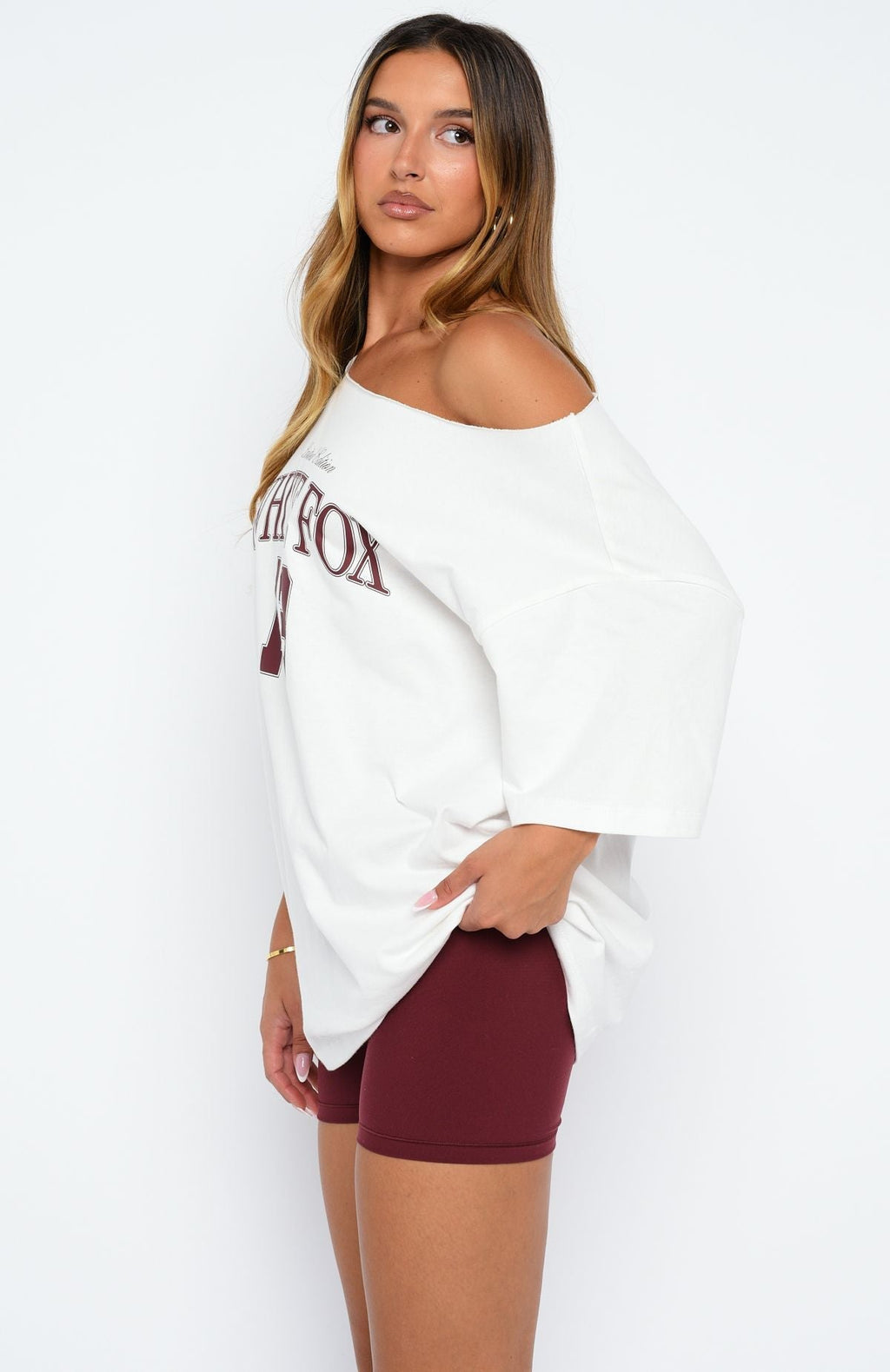 White Fox Everything In Time Off Shoulder Oversized Tee White