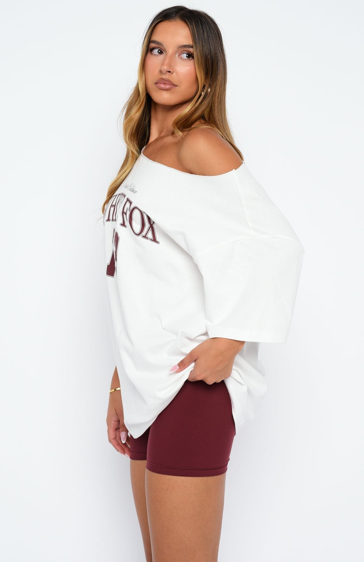 White Fox Everything In Time Off Shoulder Oversized Tee White