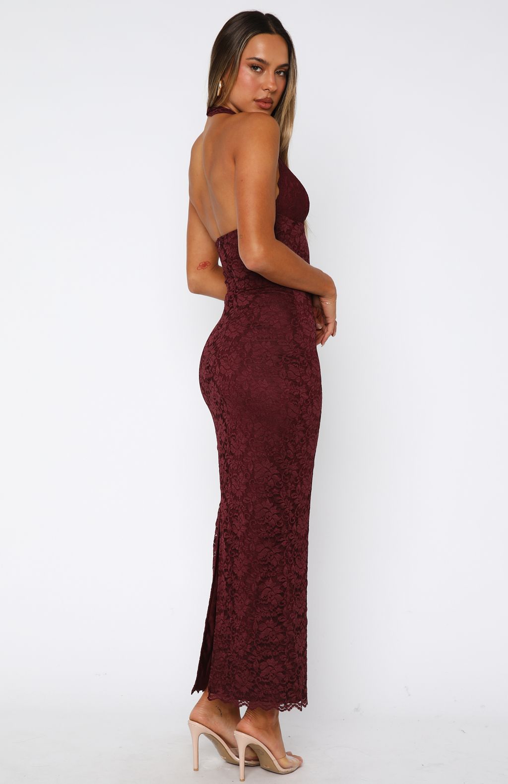 White Fox Destiny Lace Maxi Dress Burgundy