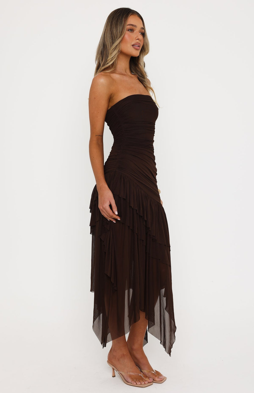 White Fox Venetian Dreams Strapless Midi Dress Chocolate