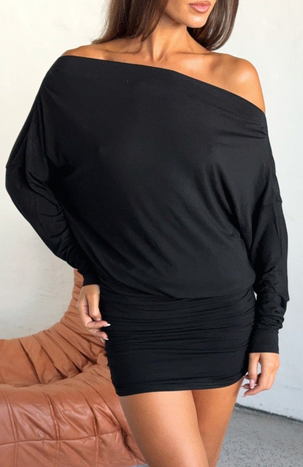 White Fox Take Your Turn Long Sleeve Mini Dress Black