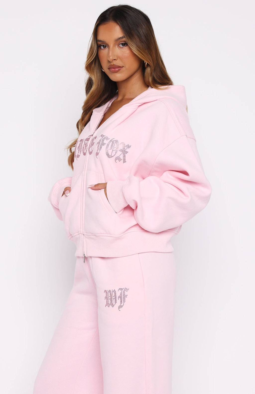 White Fox Lucky Ones Boxy Zip Front Hoodie Pink