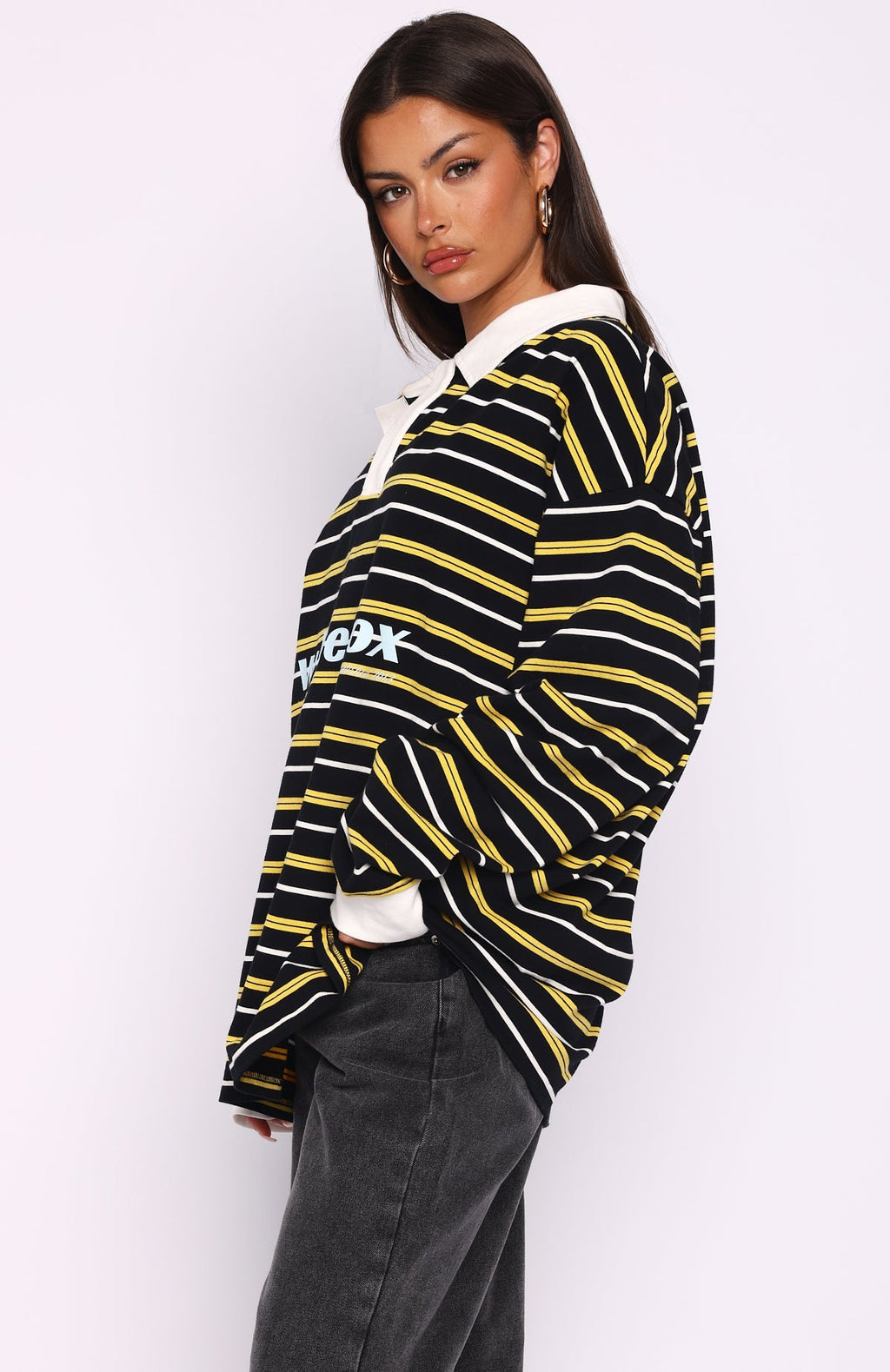 White Fox Gentle Affection Long Sleeve Rugby Shirt Black/Yellow Stripe