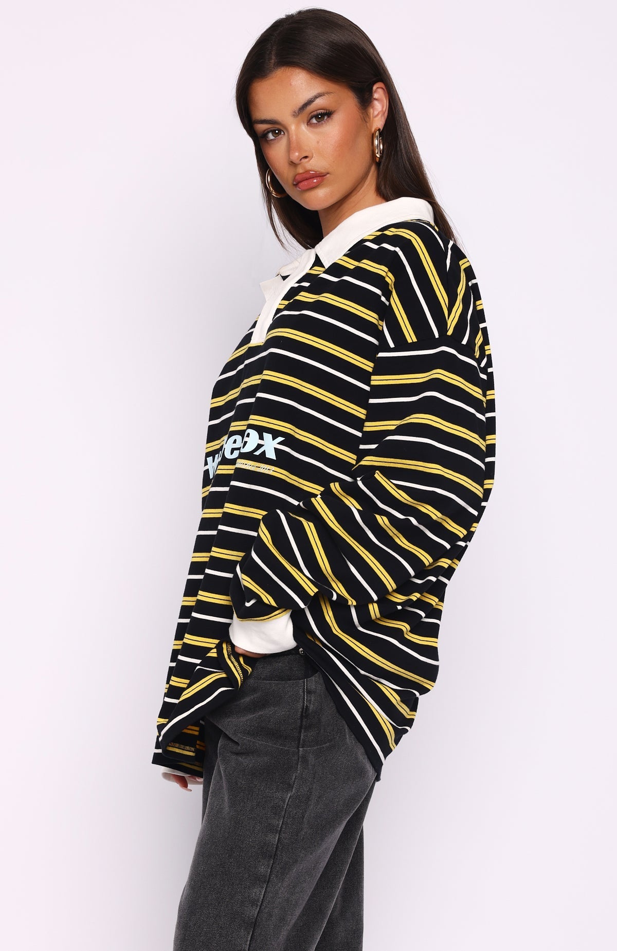 White Fox Gentle Affection Long Sleeve Rugby Shirt Black/Yellow Stripe