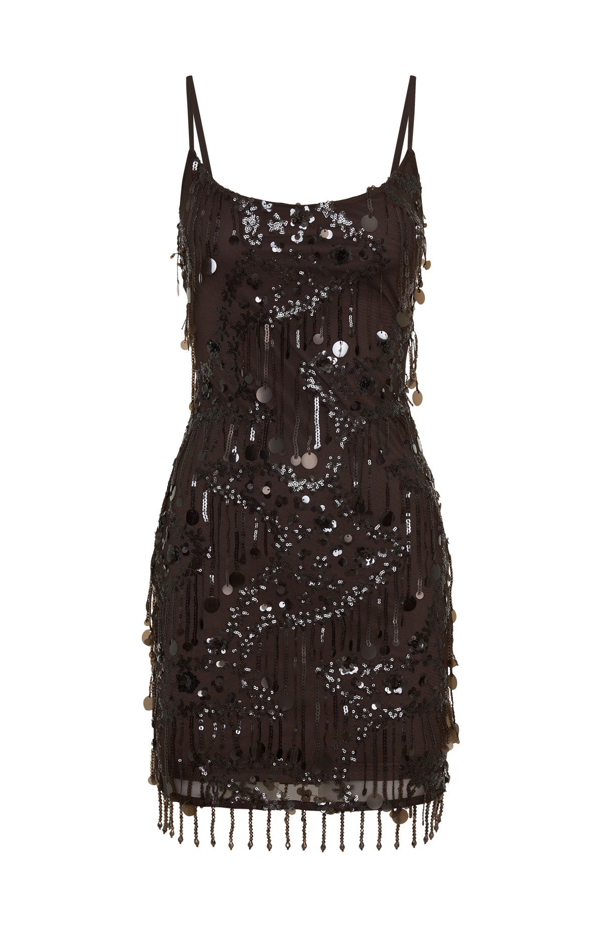 White Fox Decadent Daze Beaded Mini Dress Chocolate