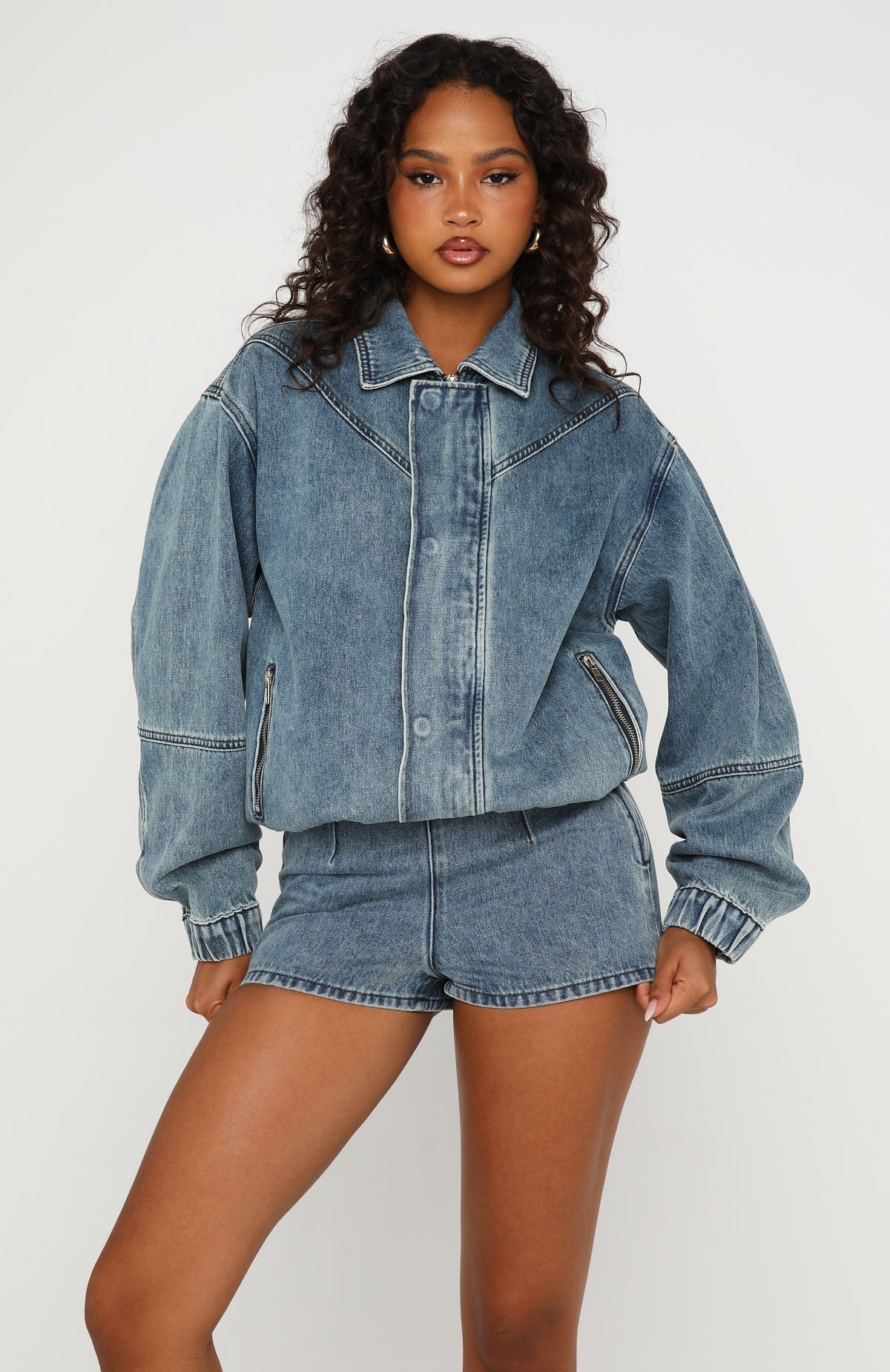 White Fox Cooler Than You Denim Bomber Jacket Brown Blue Acid