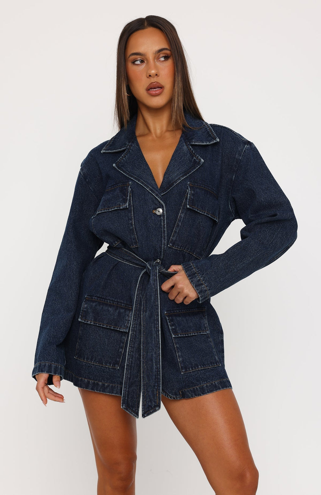 White Fox Freefall Romance Long Sleeve Denim Dress Dark Blue