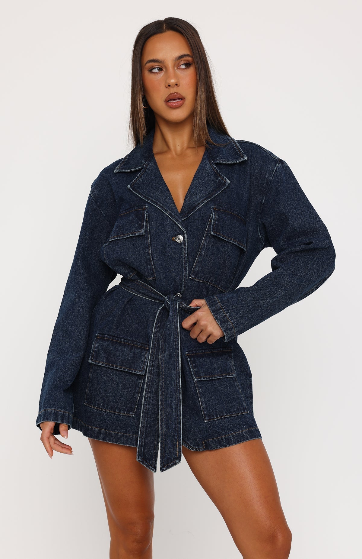 White Fox Freefall Romance Long Sleeve Denim Dress Dark Blue
