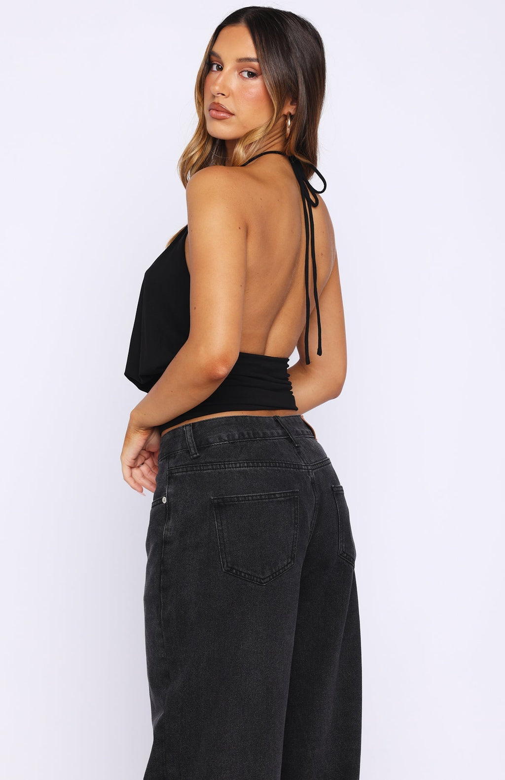 White Fox Love Everywhere Cinched Waist Halter Top Black