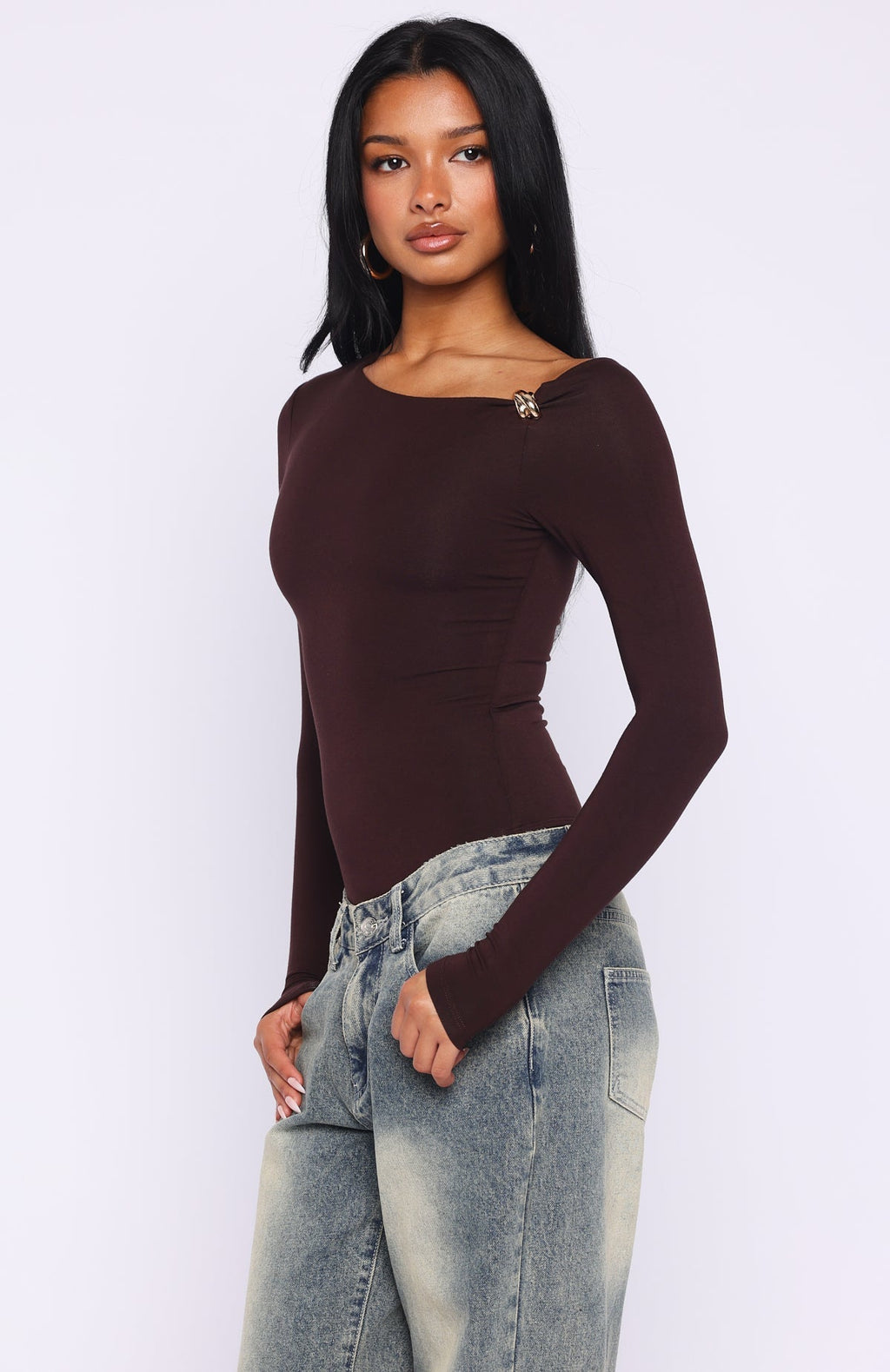 White Fox Double Down Long Sleeve Bodysuit Dark Chocolate