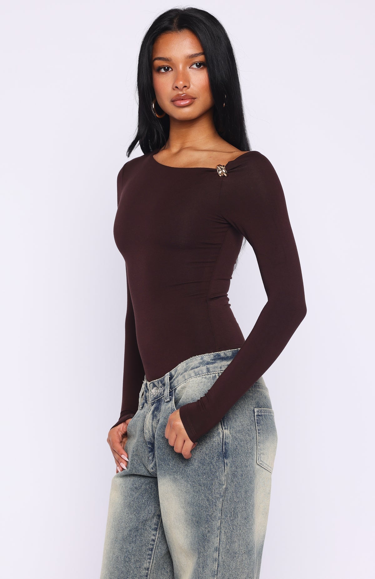 White Fox Double Down Long Sleeve Bodysuit Dark Chocolate