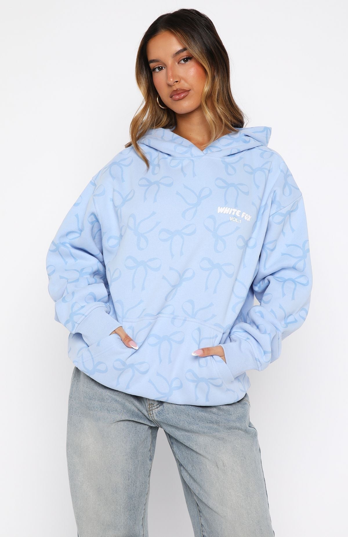 White Fox Vol. 1 Oversized Printed Hoodie Blue Bow