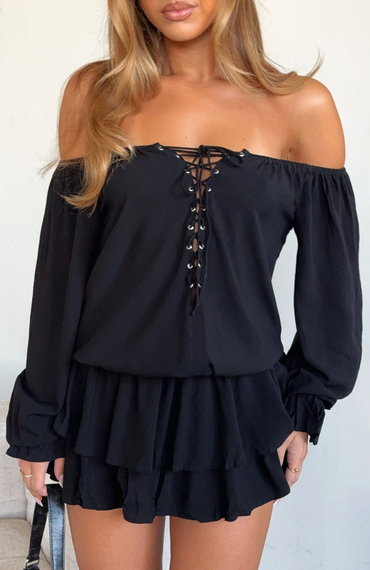 White Fox Let Me Long Sleeve Mini Dress Black