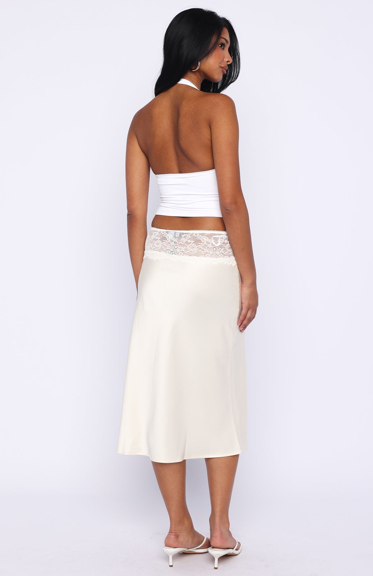 White Fox For A Long Time Lace Trim Midi Skirt Cream