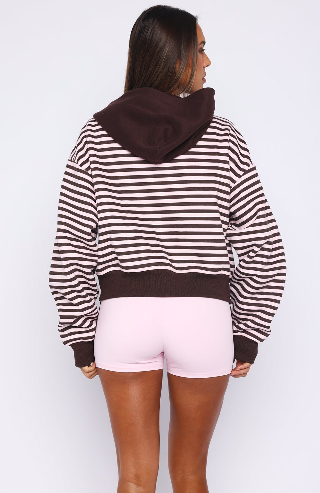 White Fox Verano Sixteen Maria Boxy Zip Front Hoodie Pink/Choc Stripe