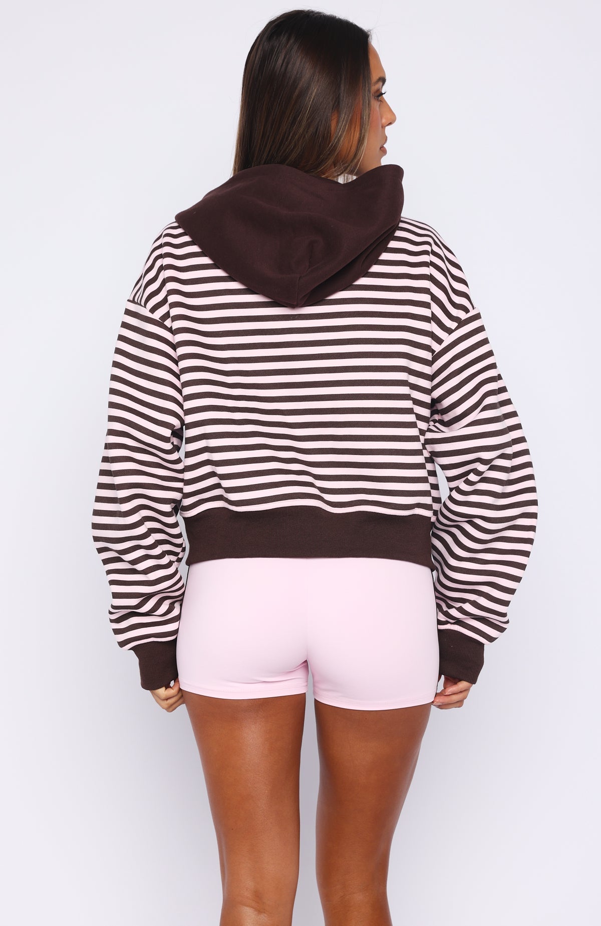White Fox Verano Sixteen Maria Boxy Zip Front Hoodie Pink/Choc Stripe