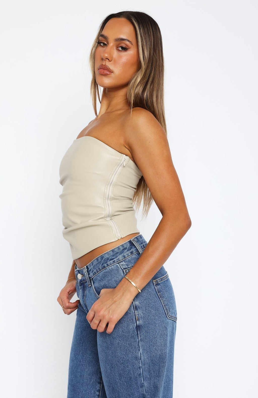 White Fox Well Behaved Strapless PU Bustier Taupe