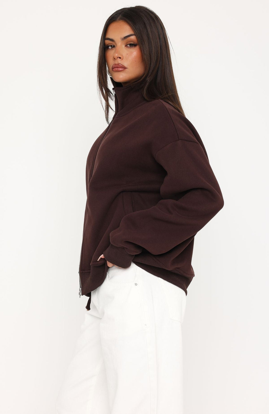 White Fox Such A Dream Oversized Zip Front Funnel Neck Jacket Chocolate