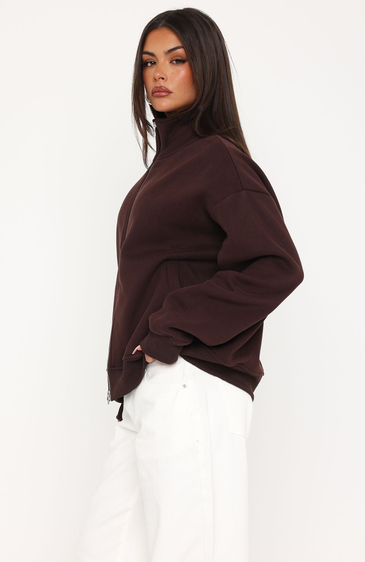 White Fox Such A Dream Oversized Zip Front Funnel Neck Jacket Chocolate