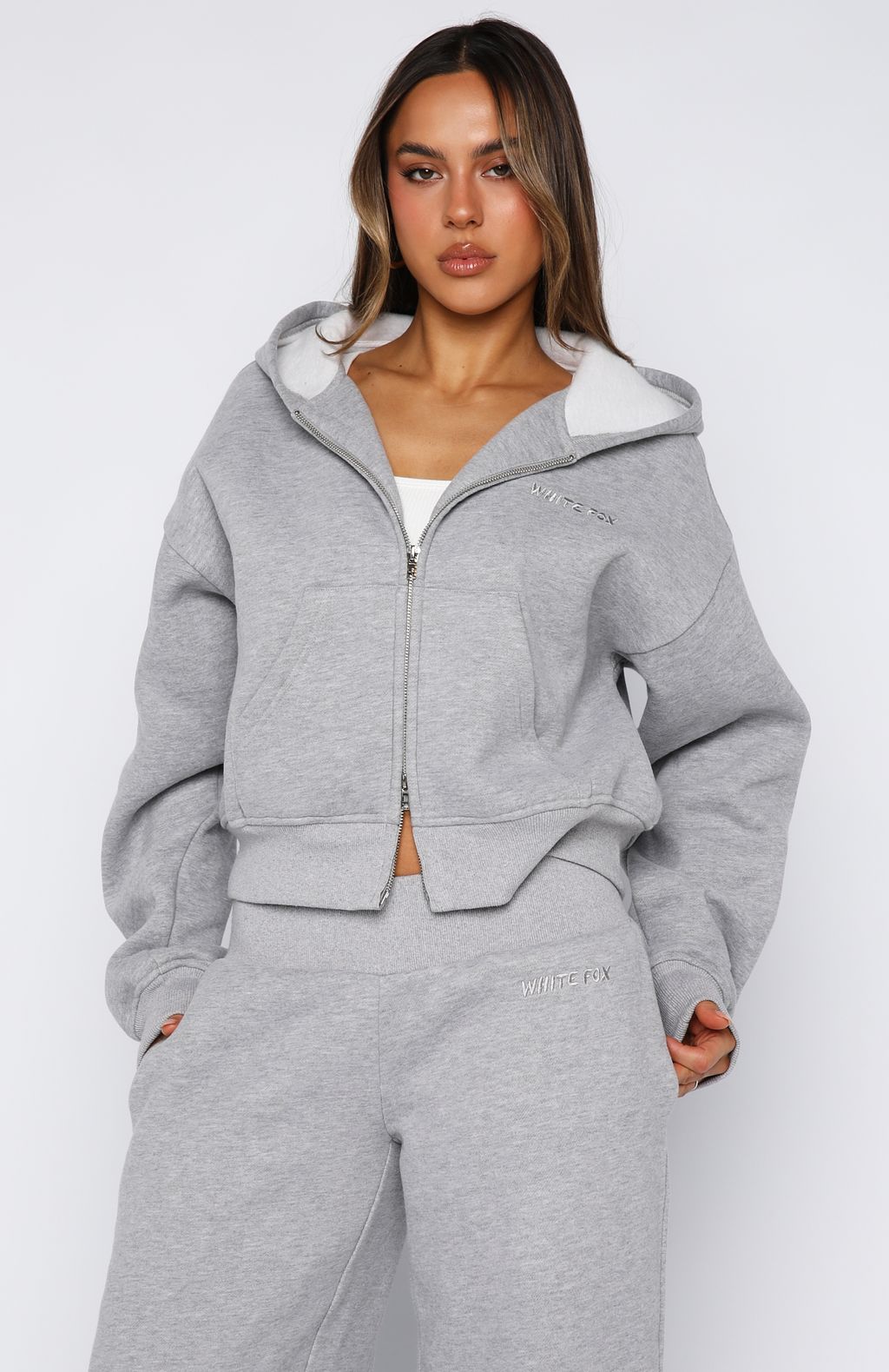 White Fox Come A Long Way Boxy Zip Front Hoodie Grey Marle