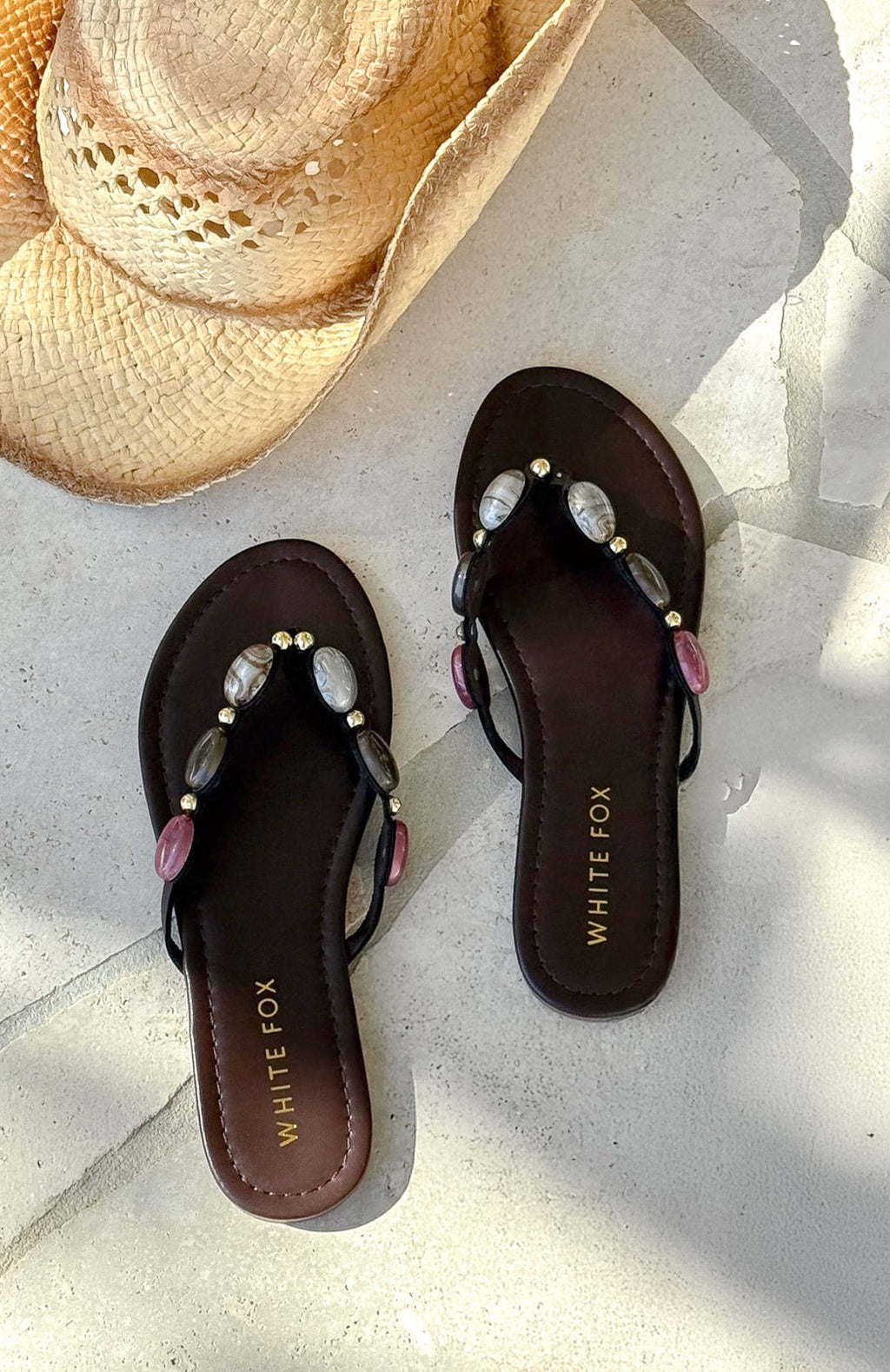 White Fox Kira Beaded Thong Sandals Chocolate