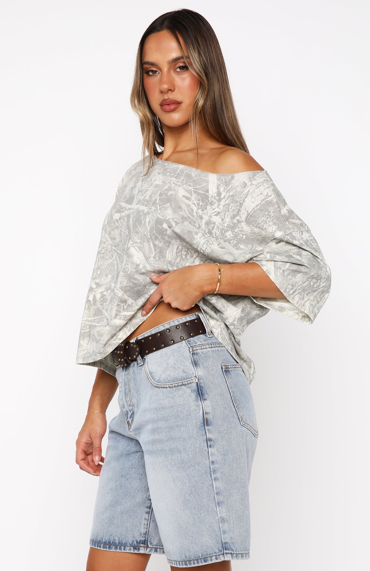 White Fox Travel The World Off Shoulder Oversized Tee Light Camo