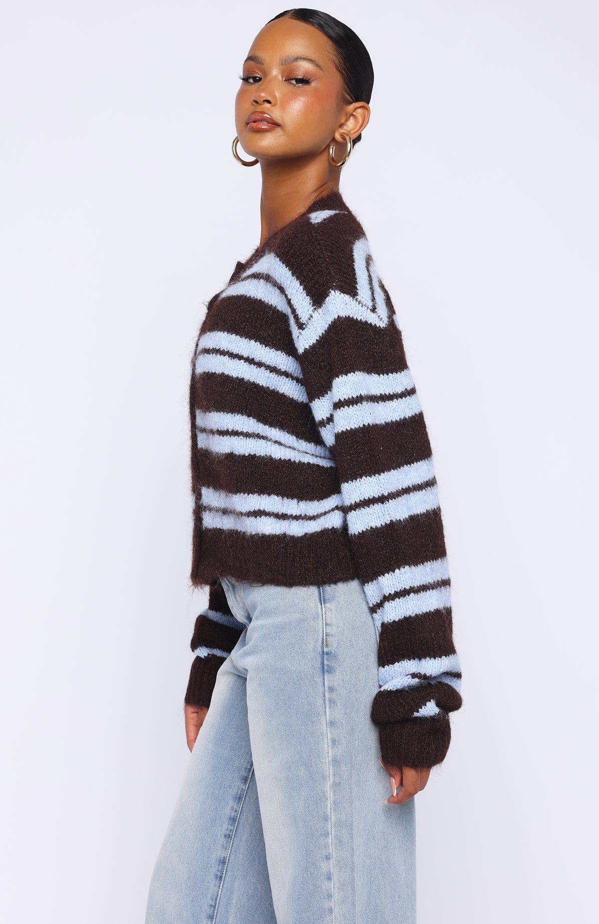 White Fox Ice Bae Stripe Knit Cardigan Blueberry Chocolate Stripe