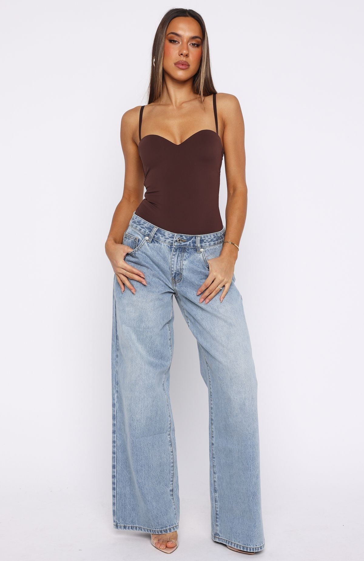 White Fox Maeve Low Rise Wide Leg Jeans Light Blue Wash