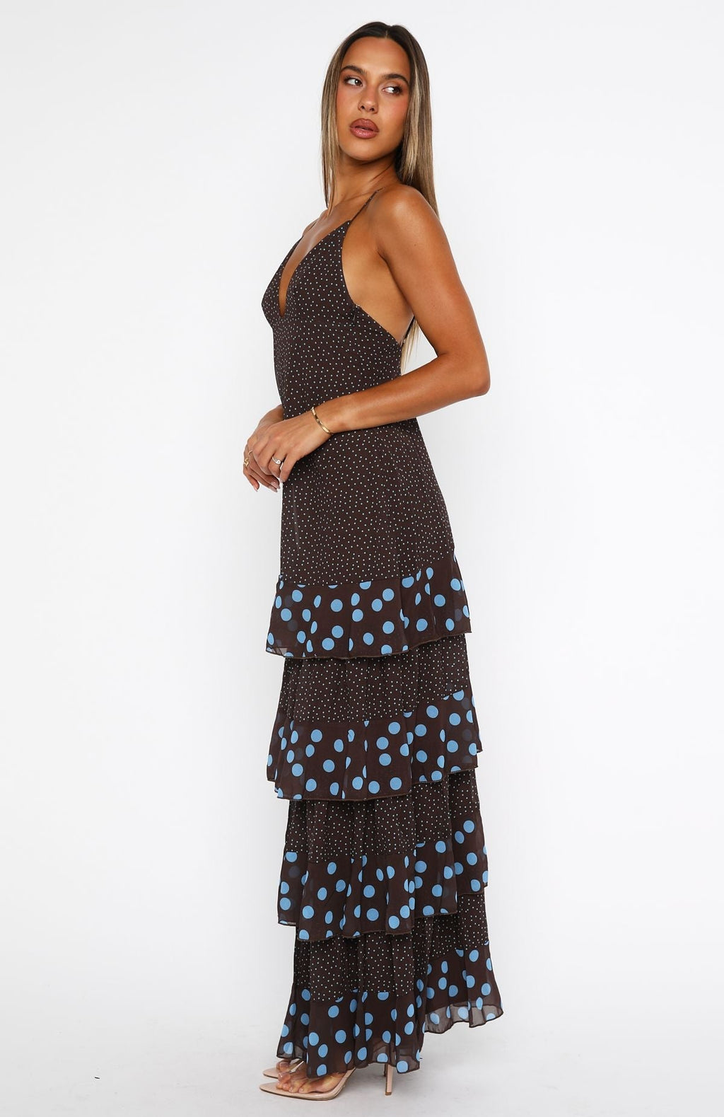 White Fox Princess Maxi Dress Chocolate/Blue Polka Dot