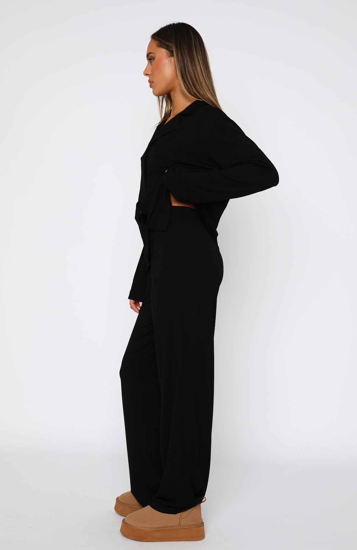 White Fox Pillow Talk Long Sleeve Pyjama Set Black