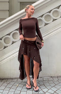 White Fox Starry Eyed Sequin Midi Skirt Chocolate