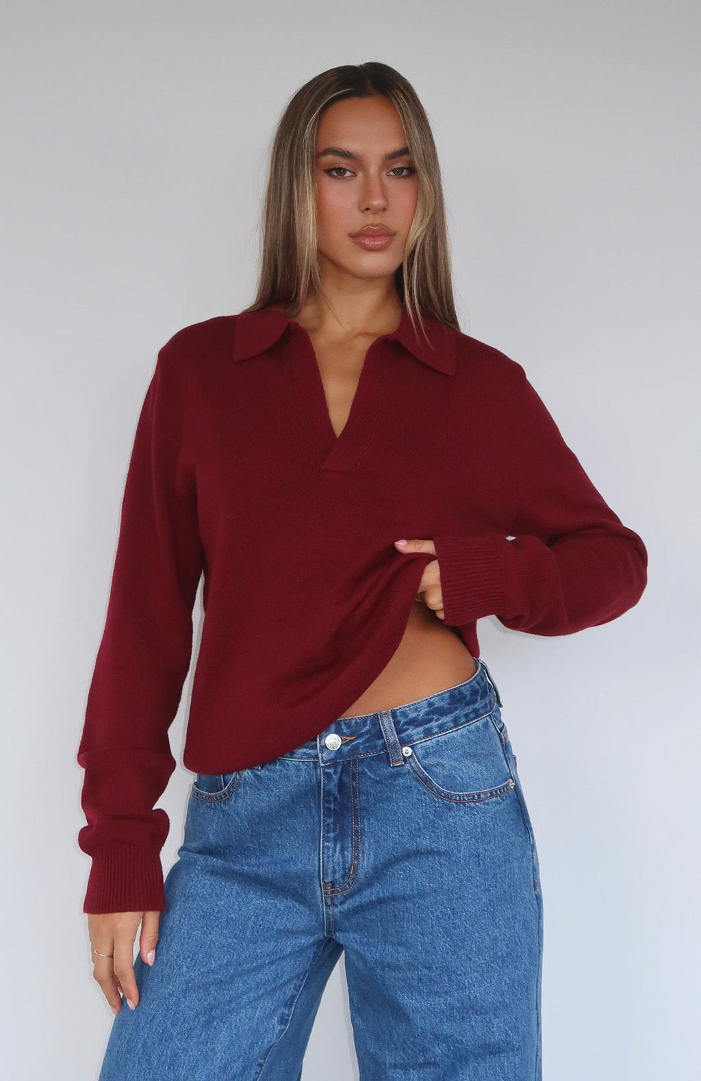 White Fox Must Be You Knitted Polo Sweater Burgundy
