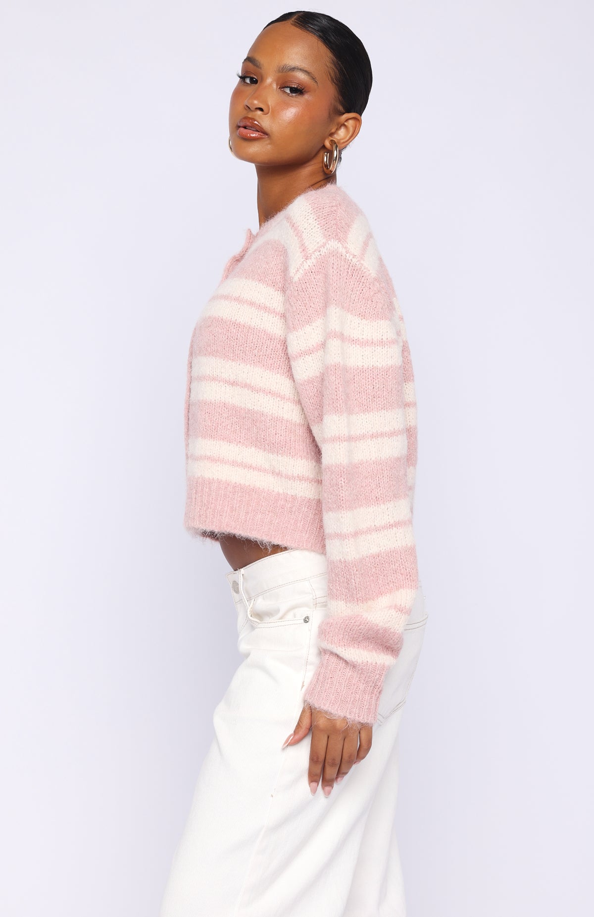White Fox Ice Bae Stripe Knit Cardigan Strawberry Cream Stripe