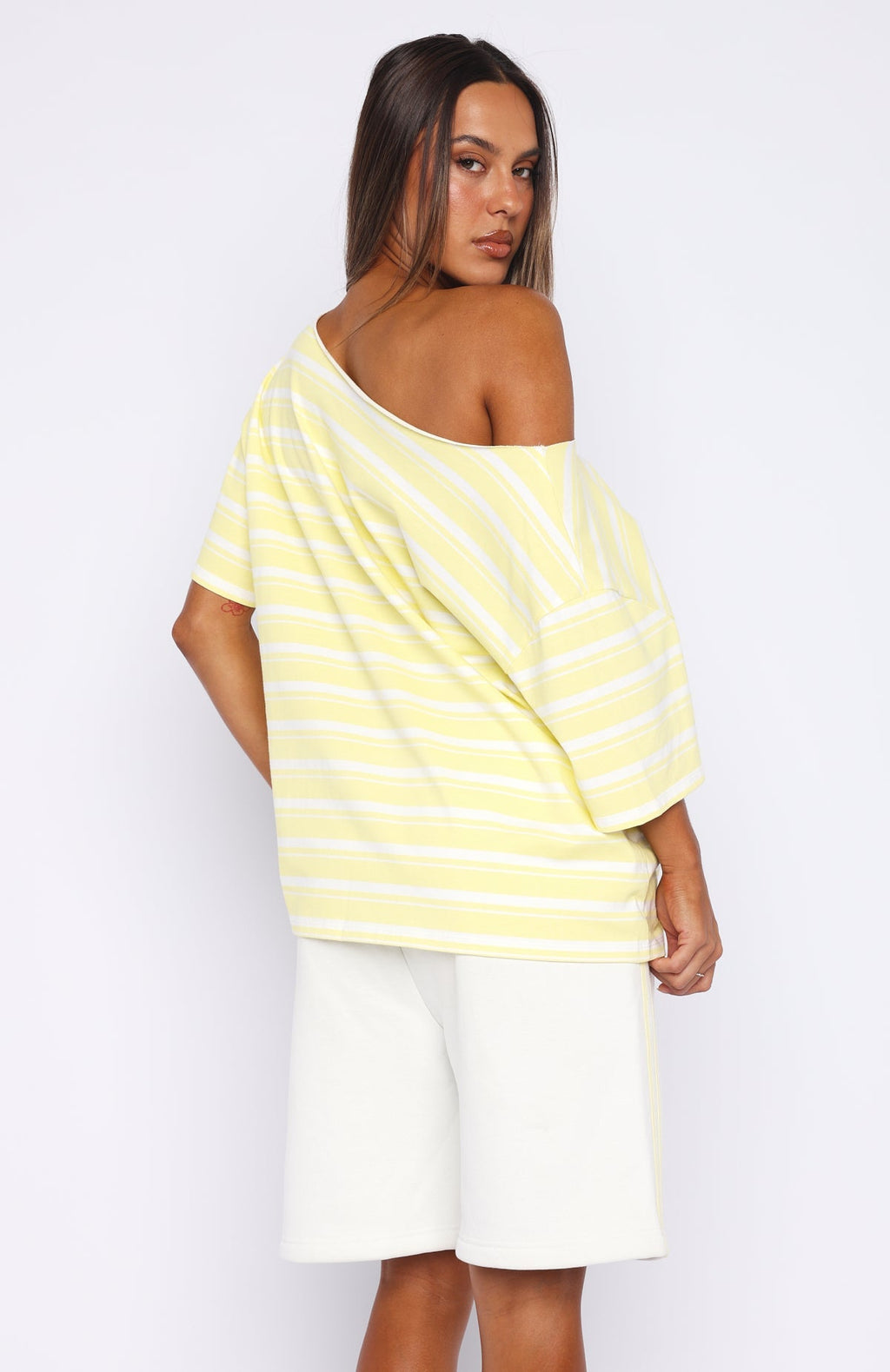White Fox Verano Sixteen Magnolia Off Shoulder Oversized Tee Lemon/White Stripe