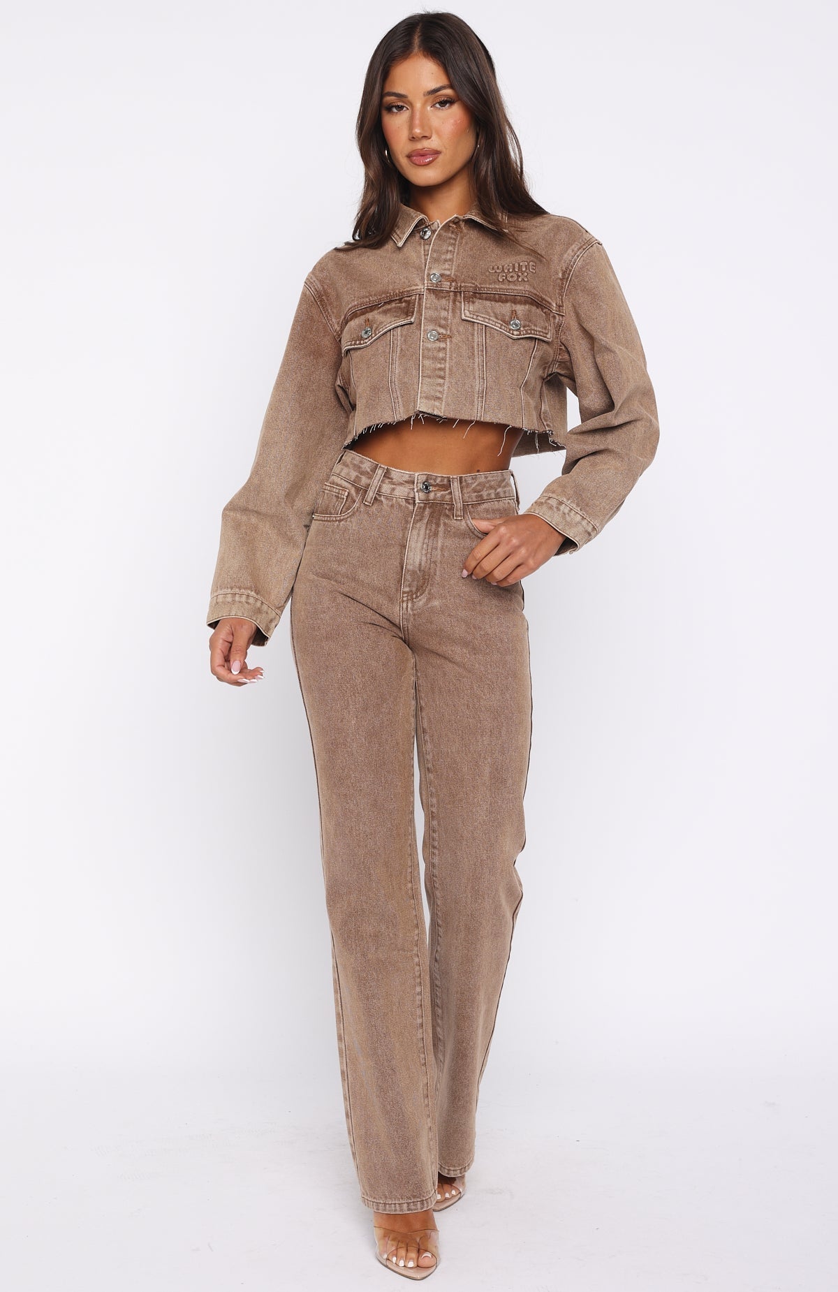 White Fox Something To Prove High Rise Straight Leg Jeans Tan Wash