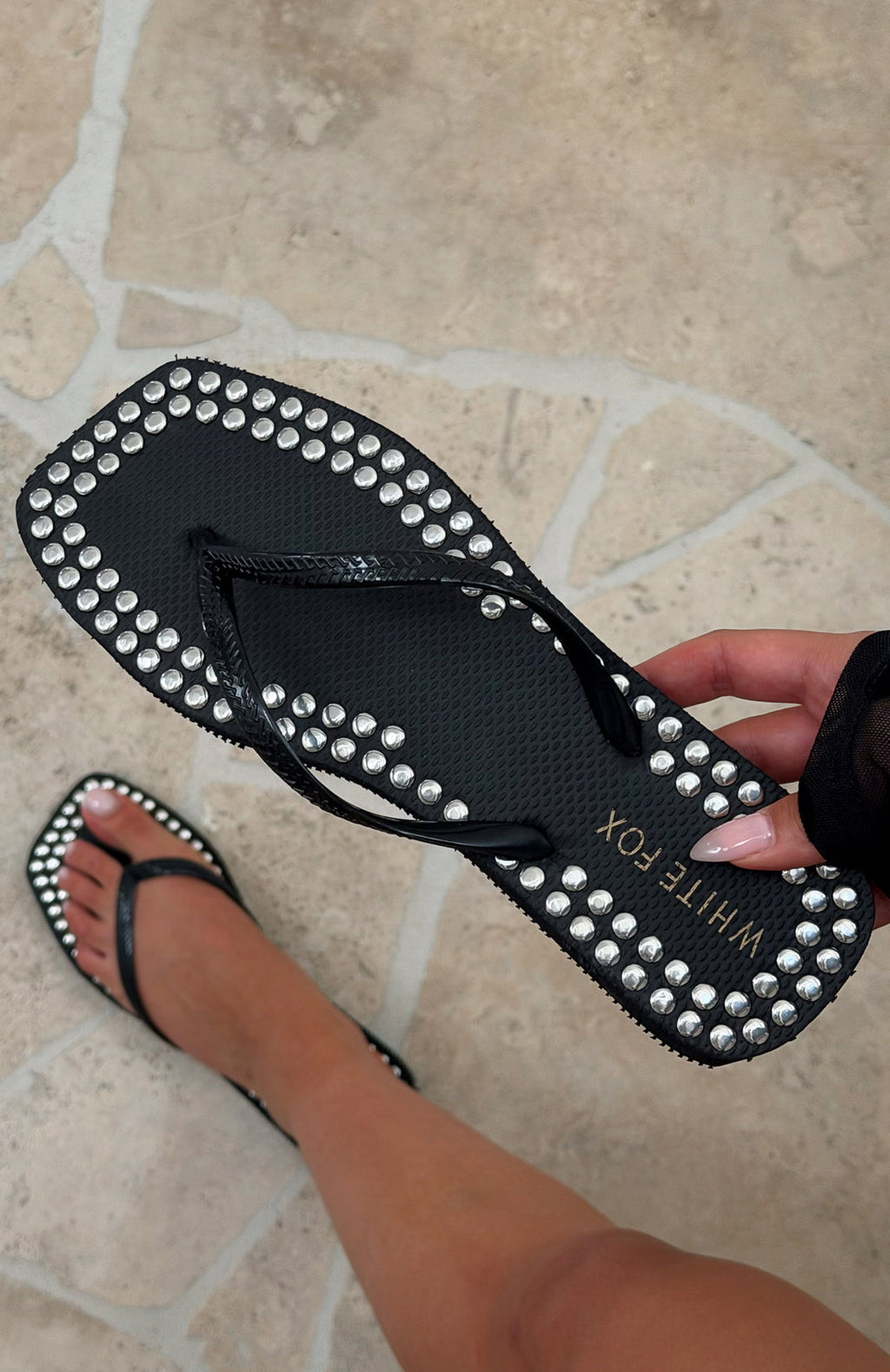 White Fox Eyre Studded Thong Sandals Black
