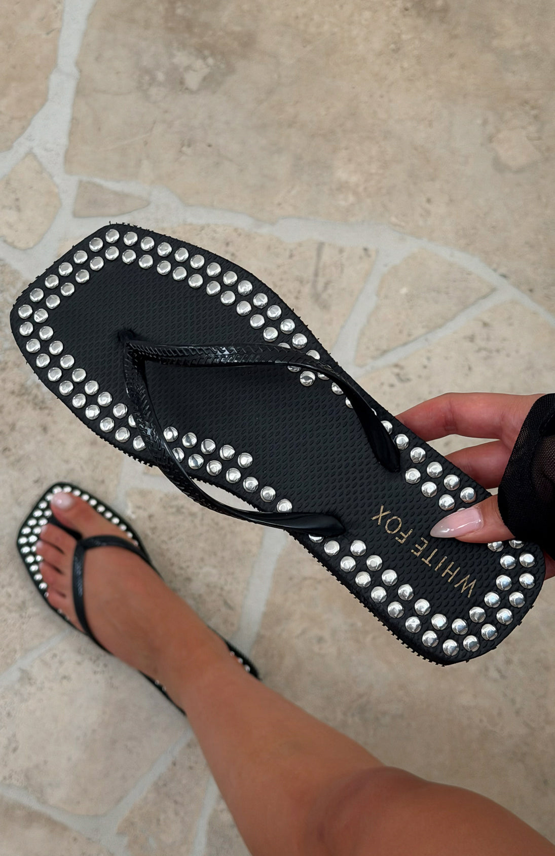 White Fox Eyre Studded Thong Sandals Black