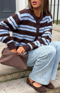 White Fox Ice Bae Stripe Knit Cardigan Blueberry Chocolate Stripe