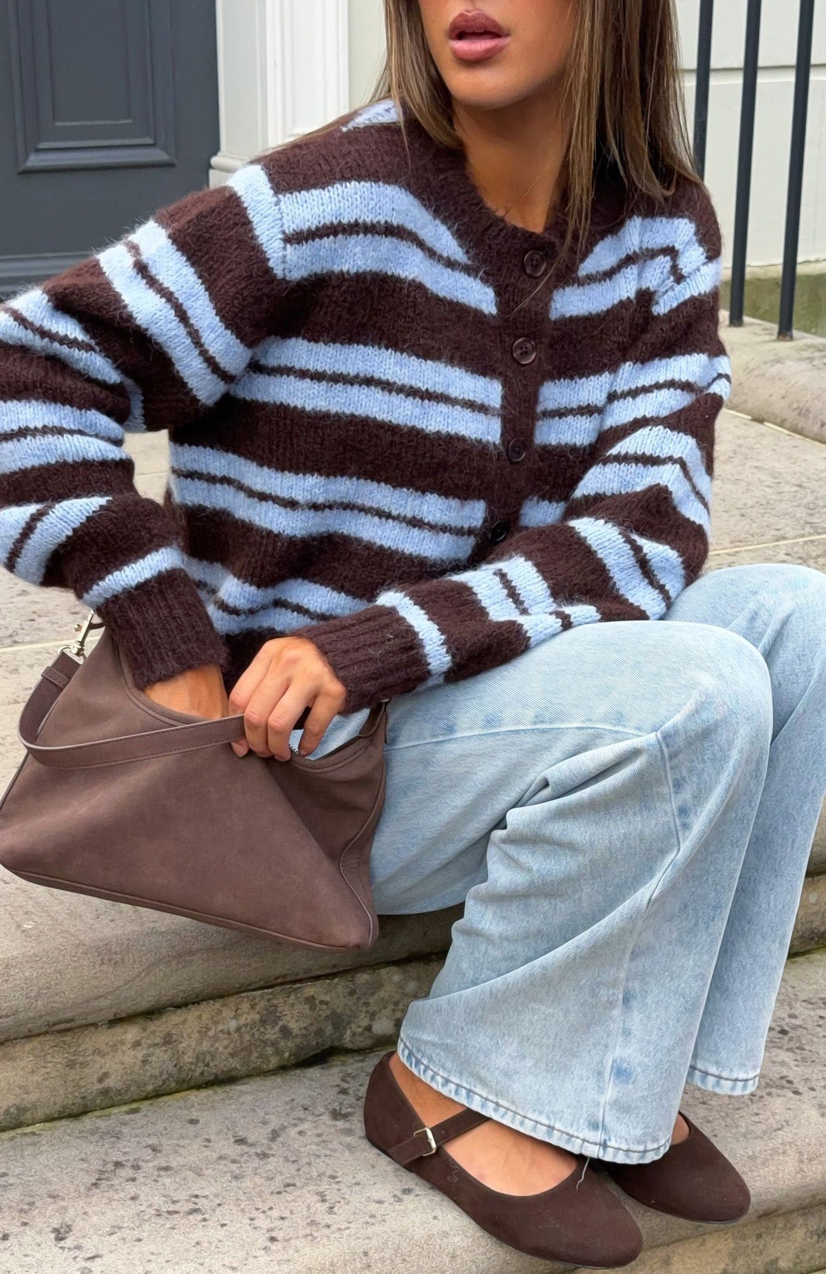 White Fox Ice Bae Stripe Knit Cardigan Blueberry Chocolate Stripe